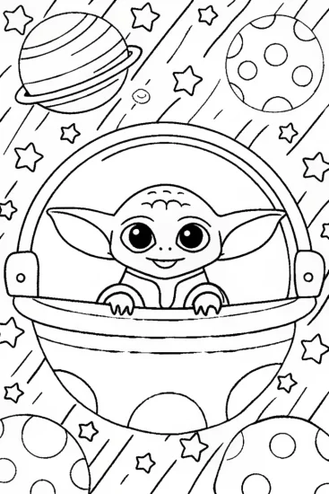 A coloring page of Baby Yoda’s Dreamy Starship Adventure Coloring Page