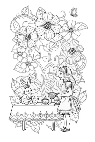 A coloring page of Alice’s Enchanted Forest Tea Party Coloring Page