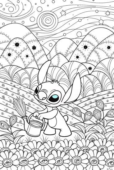 A coloring page of Stitch’s Galactic Garden Adventure Coloring Page