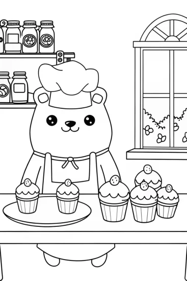 A coloring page of Pompompurin’s Cozy Baking Corner Coloring Page