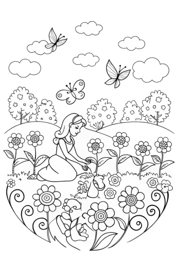 A coloring page of Belle’s Enchanted Garden Coloring Page