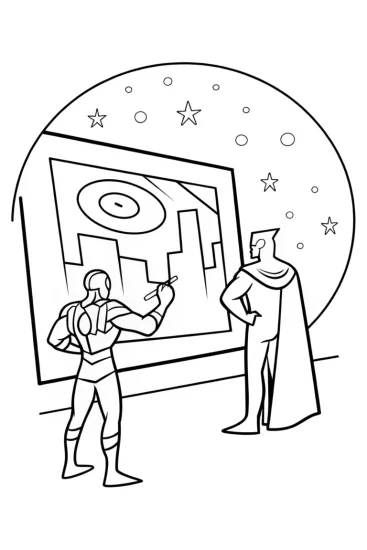 A coloring page of Iron Man and Thor’s Cosmic Art Gallery Coloring Page