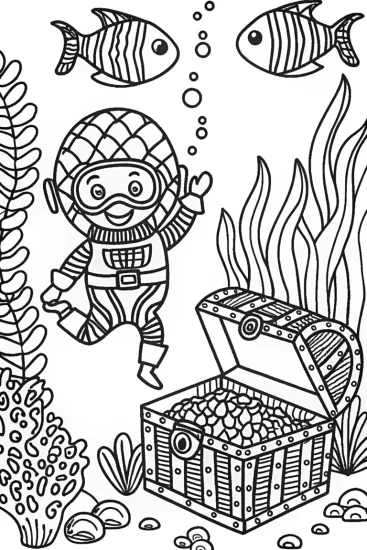 A coloring page of Blippi’s treasure dive in the deep sea