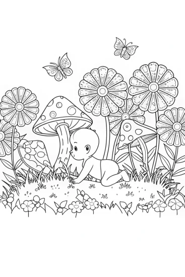 A coloring page of Baby’s enchanting garden exploration coloring page