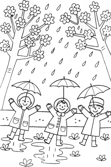A coloring page of Whimsical Spring Rain Dance Coloring Page