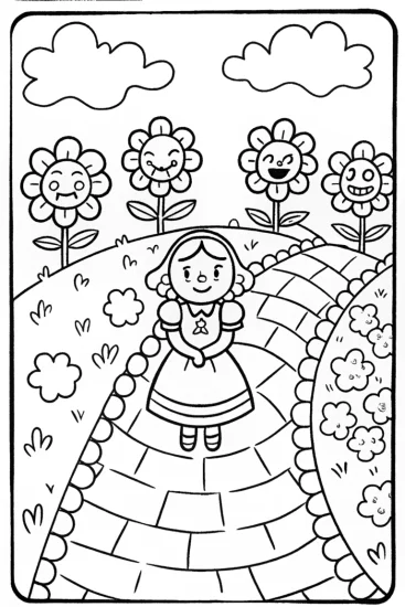 A coloring page of Alice in the Enchanted Talking Garden Coloring Page