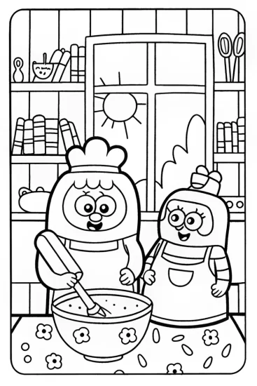 A coloring page of Bluey and Bingo’s Magical Baking Adventure Coloring Page