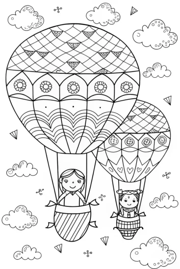 A coloring page of Rainbow High Students Hot Air Balloon Coloring Page
