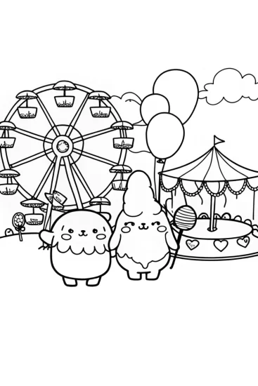 A coloring page of Pompompurin and Cinnamoroll Carnival Coloring Page
