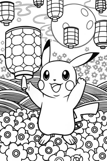 A coloring page of Pikachu’s Magical Lantern Festival Coloring Page