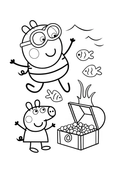A coloring page of Peppa Pig’s Ocean Treasure Dive Coloring Page
