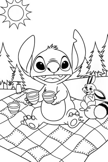 A coloring page of Stitch’s Cozy Patchwork Tea Party Coloring Page