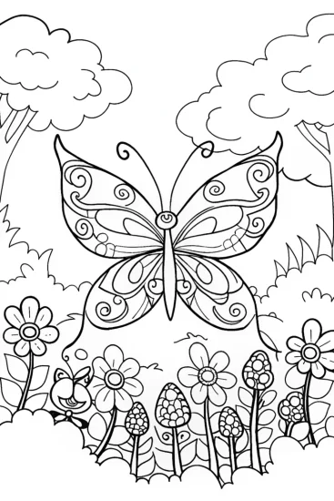 A coloring page of Guardian butterflies in a magical garden