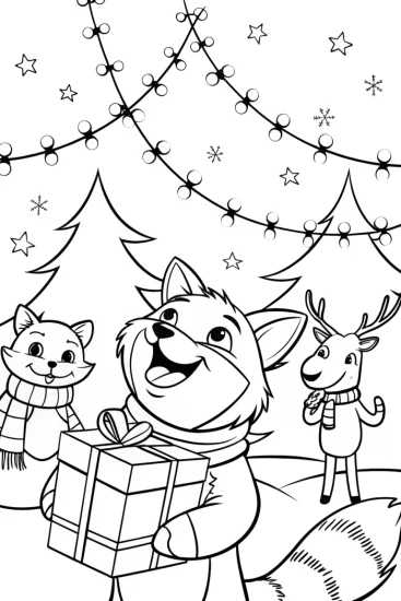 A coloring page of Woodland Animals Christmas Gift Exchange Coloring Page