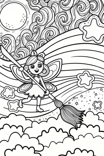 A coloring page of The Enchanted Fairy Paints the Sky Coloring Page