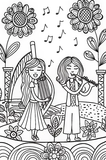 A coloring page of Rainbow High Students’ Enchanted Music Garden Coloring Page