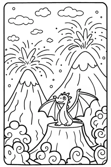 A coloring page of Charizard in a fiery lava landscape