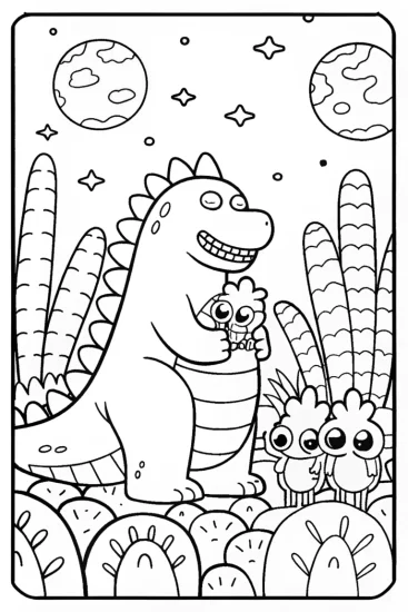 A coloring page of Godzilla’s cosmic escapade coloring page