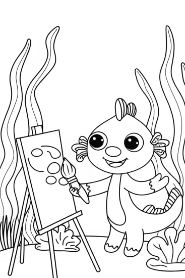 A coloring page of Axolotl’s Magical Art Studio Coloring Page