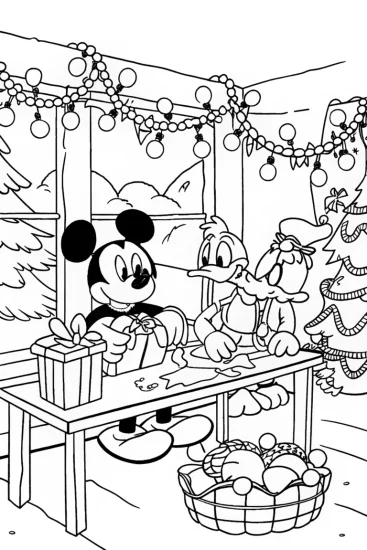 A coloring page of Mickey Mouse and Friends Holiday Workshop Coloring Page