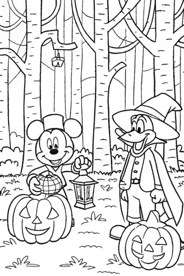 A coloring page of Mickey Mouse and Friends in the Pumpkin Forest Coloring Page