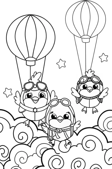 A coloring page of Chickens soaring through fluffy clouds