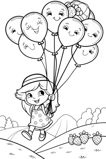 A coloring page of Strawberry Shortcake’s Ballooning Berry Quest Coloring Page