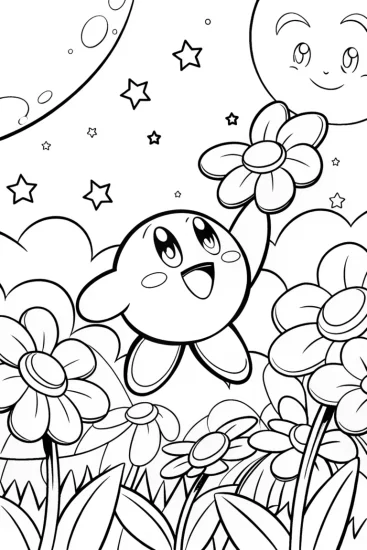 A coloring page of Kirby’s Cosmic Garden Adventure Coloring Page