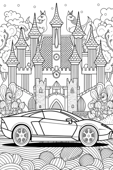 A coloring page of Lamborghini Adventure at the Enchanted Castle