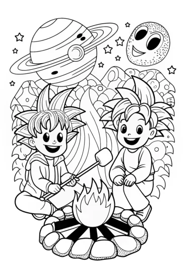 A coloring page of Goku’s Galactic Camping Adventure Coloring Page