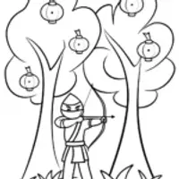 Ninja practicing archery in a magical orchard