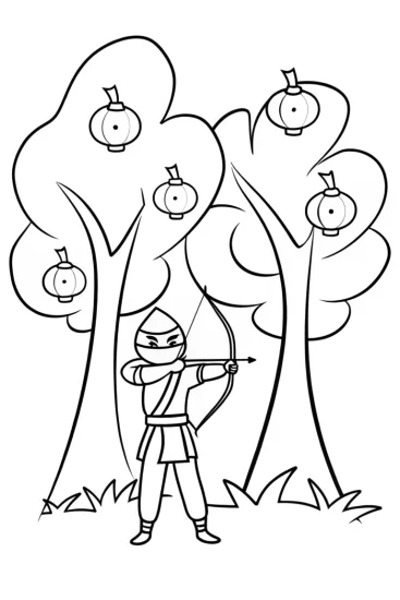 A coloring page of Ninja practicing archery in a magical orchard