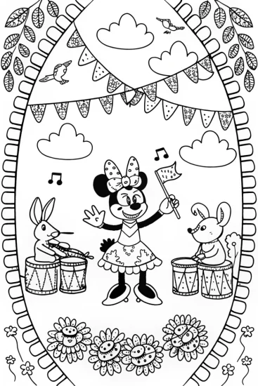 A coloring page of Minnie Mouse and the Magical Music Festival Coloring Page