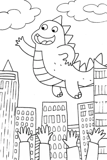 A coloring page of Godzilla’s Skyline Adventure Coloring Page