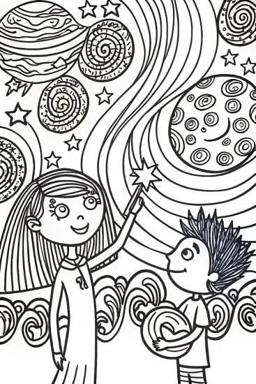 A coloring page of Celestial Dreamers: The Starry Artists Coloring Page