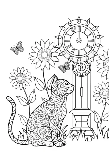 A coloring page of Black Panther in a Timepiece Garden Coloring Page