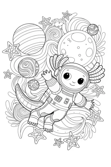 A coloring page of Axolotl Astronaut in Cosmic Adventure Coloring Page