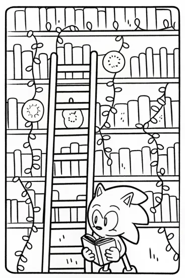 A coloring page of Sonic the Hedgehog in an Enchanted Library Coloring Page