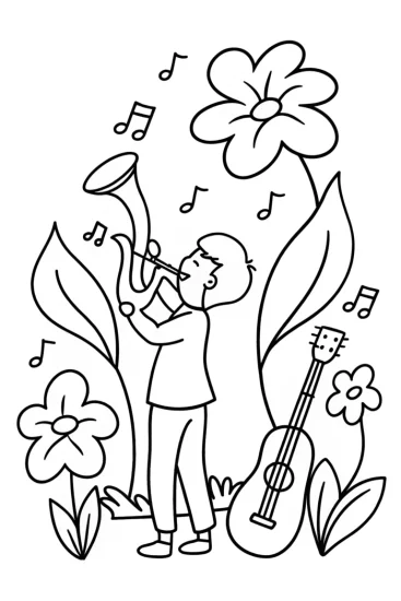A coloring page of JJ’s whimsical musical garden scene