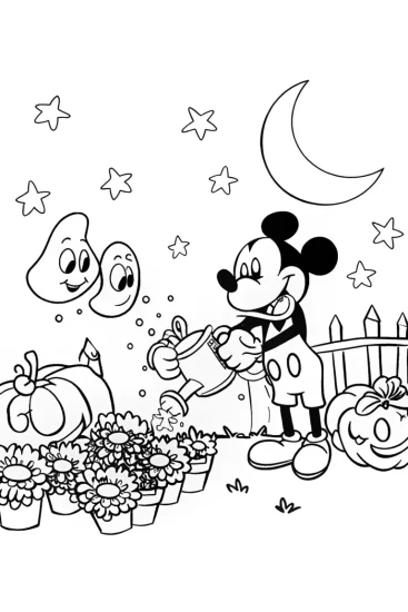 A coloring page of Mickey’s Enchanted Halloween Garden Coloring Page
