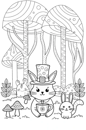 A coloring page of The Enchanted Cat’s Tea Party Coloring Page