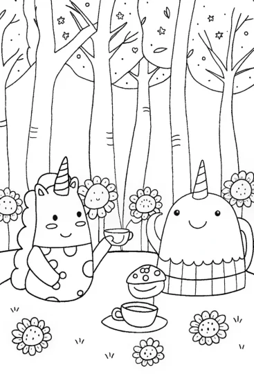 A coloring page of Squishmallow Fairytale Tea Party Coloring Page