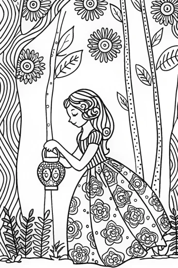 A coloring page of Enchanted princess in a magical grove