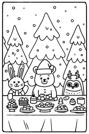 A coloring page of Christmas Feast of Forest Friends Coloring Page