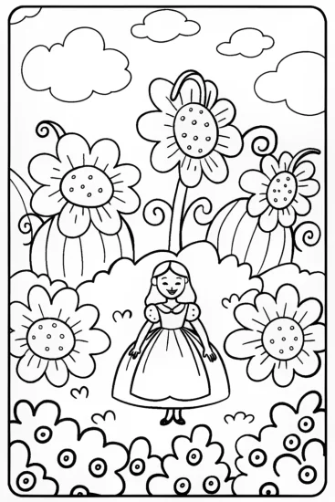 A coloring page of Alice’s Curiosity in the Floating Garden Coloring Page