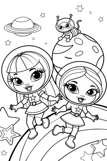 A coloring page of Bratz Fashion Icons on a Cosmic Adventure Coloring Page