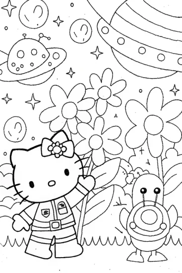 A coloring page of Hello Kitty in a space garden quest