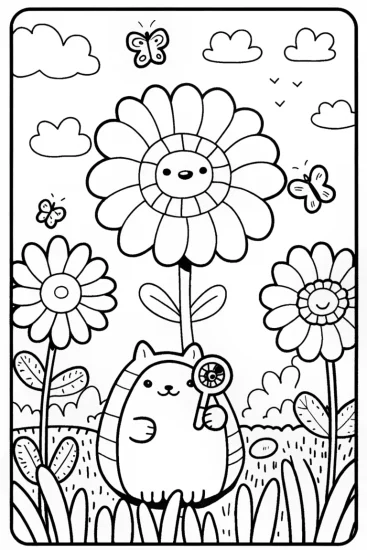 A coloring page of Squishmallow’s whimsical flower garden