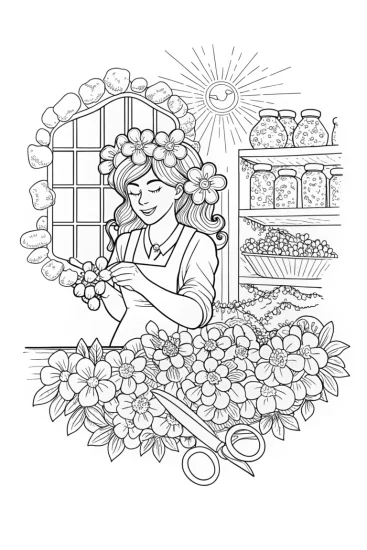 A coloring page of Jasmine’s Flower Crown Workshop Coloring Page