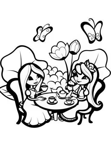 A coloring page of Bratz Dolls Dreamy Tea Party Coloring Page